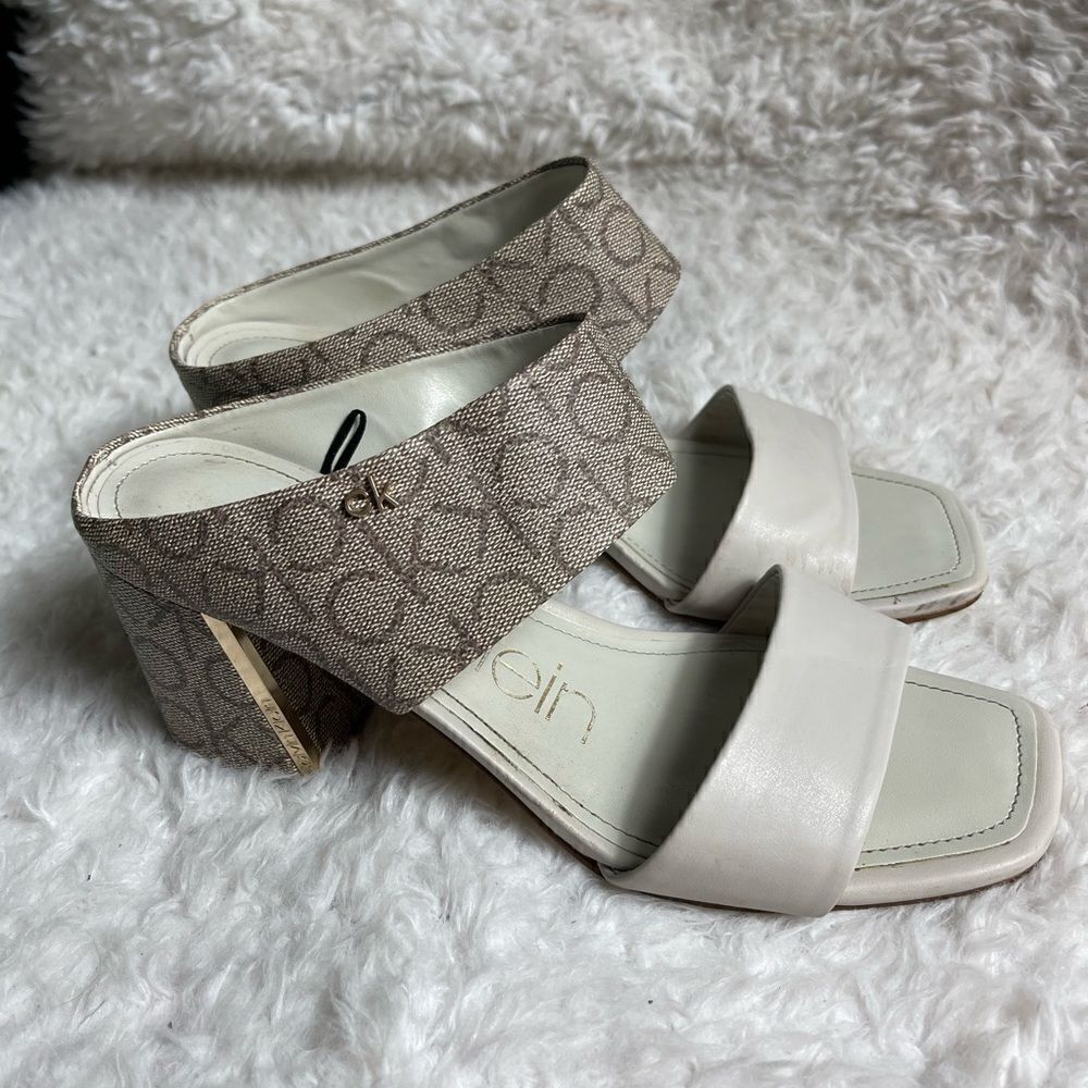 Calvin Klein Henna faux leather beige & Brown logo strap  heels sandals  SZ8.5